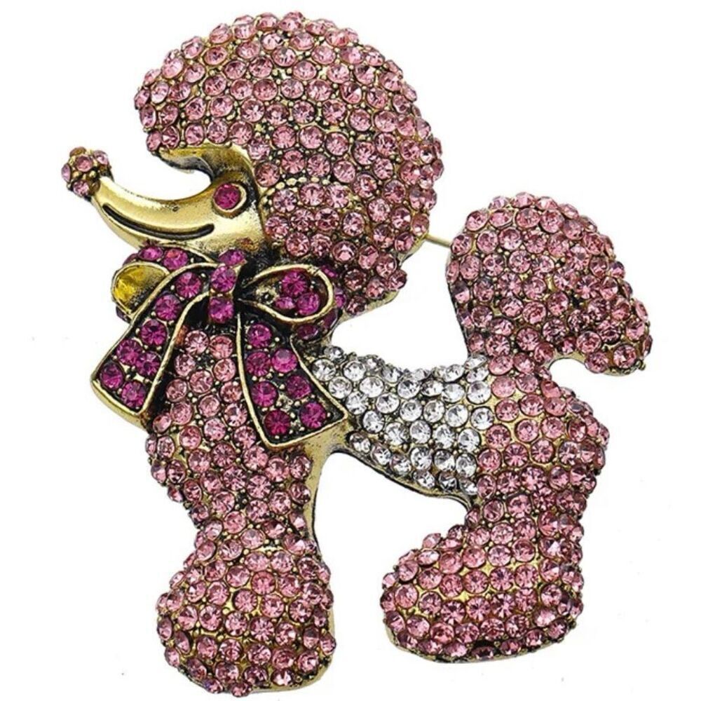 Rhinestone Pink Poodle Brooch Womens Crystal Fashion Statement Piece New